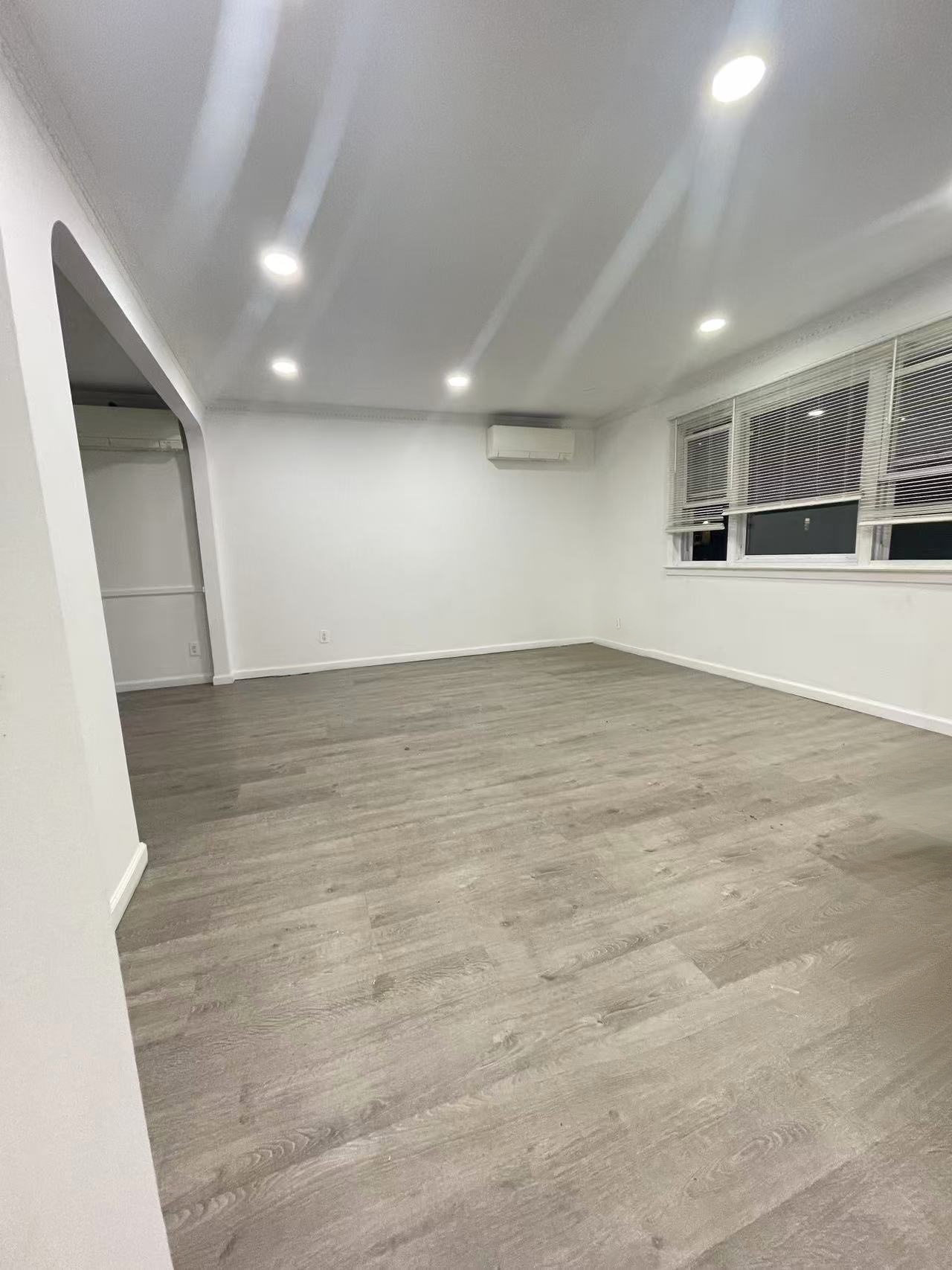 Spacious open concept living room with wide-plank floors and recessed lighting in a renovated Fresh Meadows single-family home.